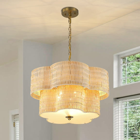 C Cattleya 20" 5-Light Natural Rattan Chandelier with 2-Tier Hand Woven Flower-Shaped Shade