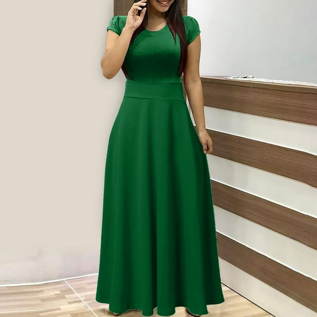 Robes d'Été Grande Taille pour Femmes 2024 Robe Colorée de Couleur Unie Robes à Manches Courtes Plage Décontractée Maxi Robe d'Été Économisez jusqu'à 65 % de Rabais!