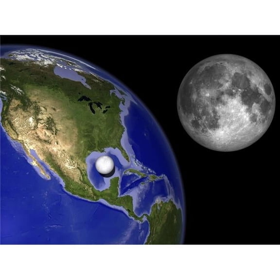 Illustration of Enceladus in Front of The Earth & Next To Earths Moon Poster Print, 16 x 12
