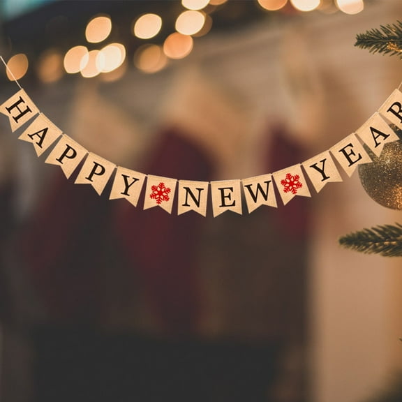 OUNONA Happy New Year Paper Banner for Decoration with String Easy to Assemble Light Brown Linen 70 Inches