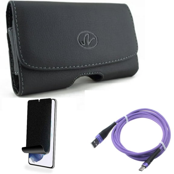 For Samsung Galaxy S21 (6.2") - Swivel Leather Case Belt Clip   Type-C Purple 10ft USB Cable   [Fingerprint Works] TPU Film Privacy Screen Protector