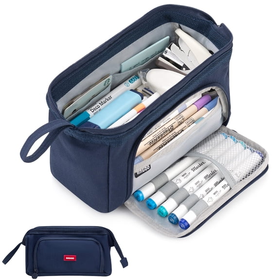 Rirool Large Capacity Pencil Case, Wide Opening Pencil Pouch with Clear Window, Zipper Pen Bag for School Supplies, Teen Girls Boys, Navy Blue