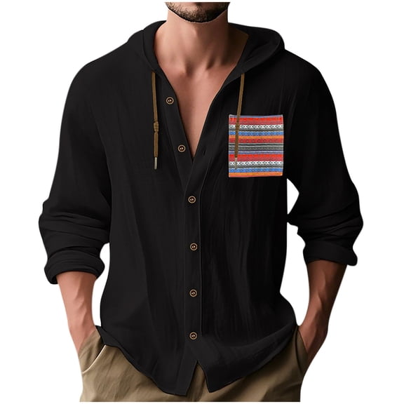 Lovskoo Mens Printed Long Sleeve Linen Blend Hooded Shirt Button Closure Front Pockets Casual Oversized Top