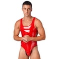 thumbnail image 3 of YONGHS Mens Faux Leather Leotard Latex Catsuit Sleeveless One-Piece Bodysuit Swimwear Red XXL, 3 of 6