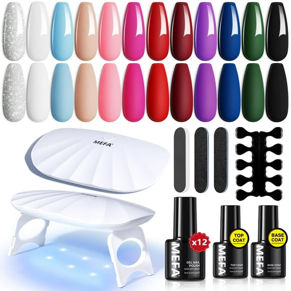 Kit de esmaltes de uñas en gel MEFA, 12 colores con luz UV, 6 W, 19 unidades