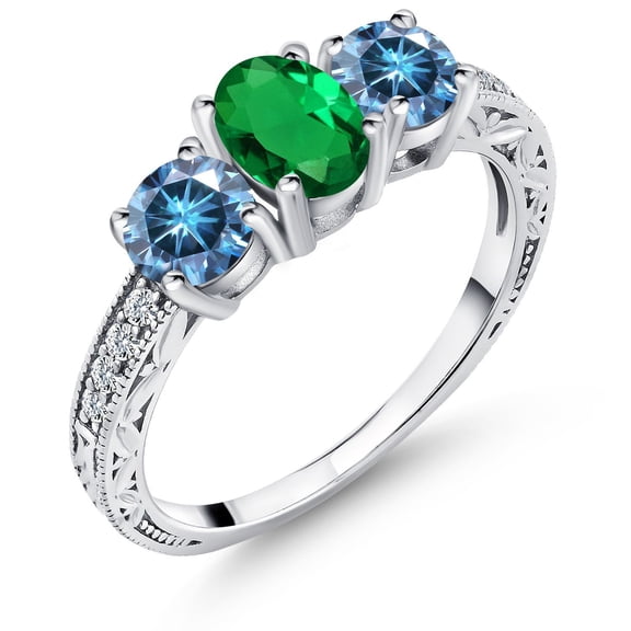 Gem Stone King 925 Sterling Silver 3-Stone Ring Oval Green Nano Emerald and Vivid Persian Blue Moissanite (1.72 Cttw, Size 6)