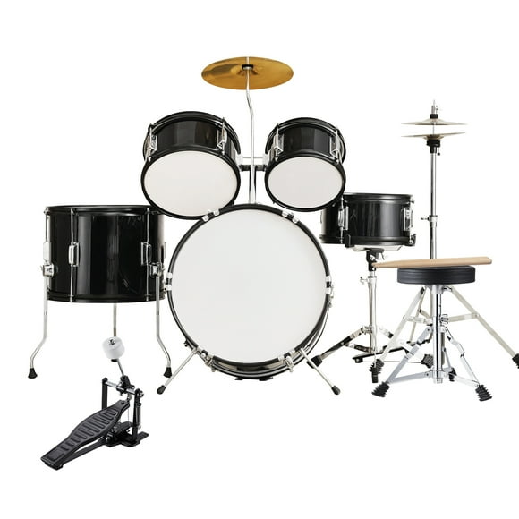 KFFKFF Kids Drum Set, 5-Piece, 16 in Beginner Full Drum Set with Bass Toms Snare Floor Drum Adjustable Throne Cymbal Hi-Hat Pedal and Two Pairs of Drumsticks, Starter Drum Kit