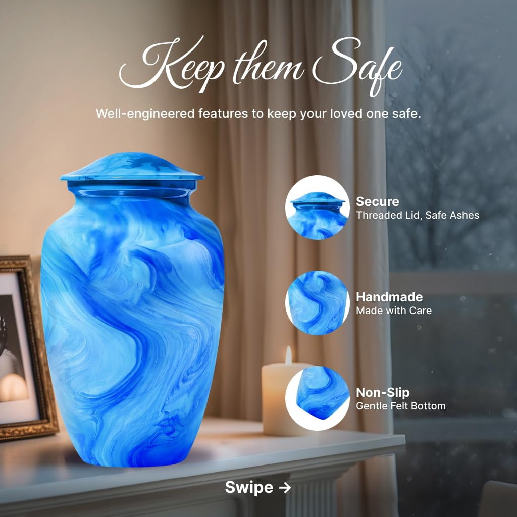 Set of 6 Urns for Human Ashes Includes 1 Large Urn with 4 Small Keepsakes & 1 Silver Necklace - Sky blue Marble