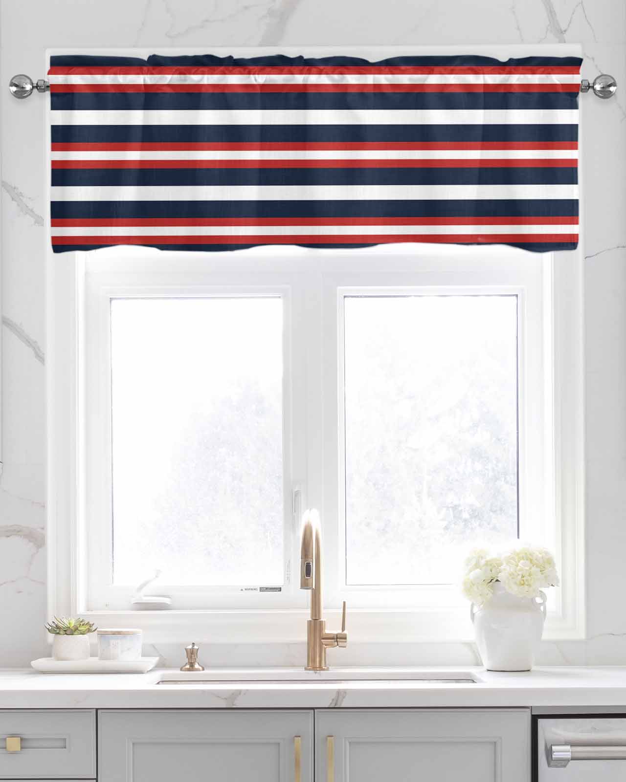 Red Navy Blue Striped Kitchen Valances for Windows Farmhouse Linen Window Valance Curtain for Living Room Window Treatment Contemporary Minimalist Aesthetic Valance Rod Pocket Topper, 42 x 18 Inch