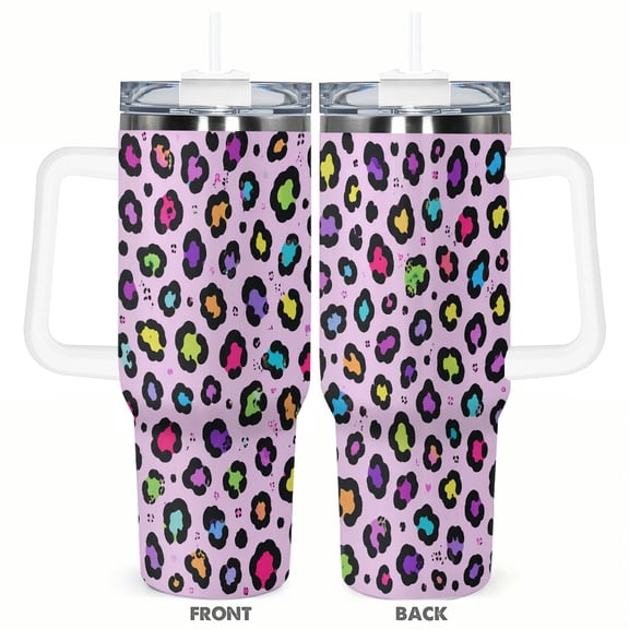 40oz Pink Colorful Leopard Print Car Tumbler Insulated Travel Cup with Handle and Straw Lid Gift