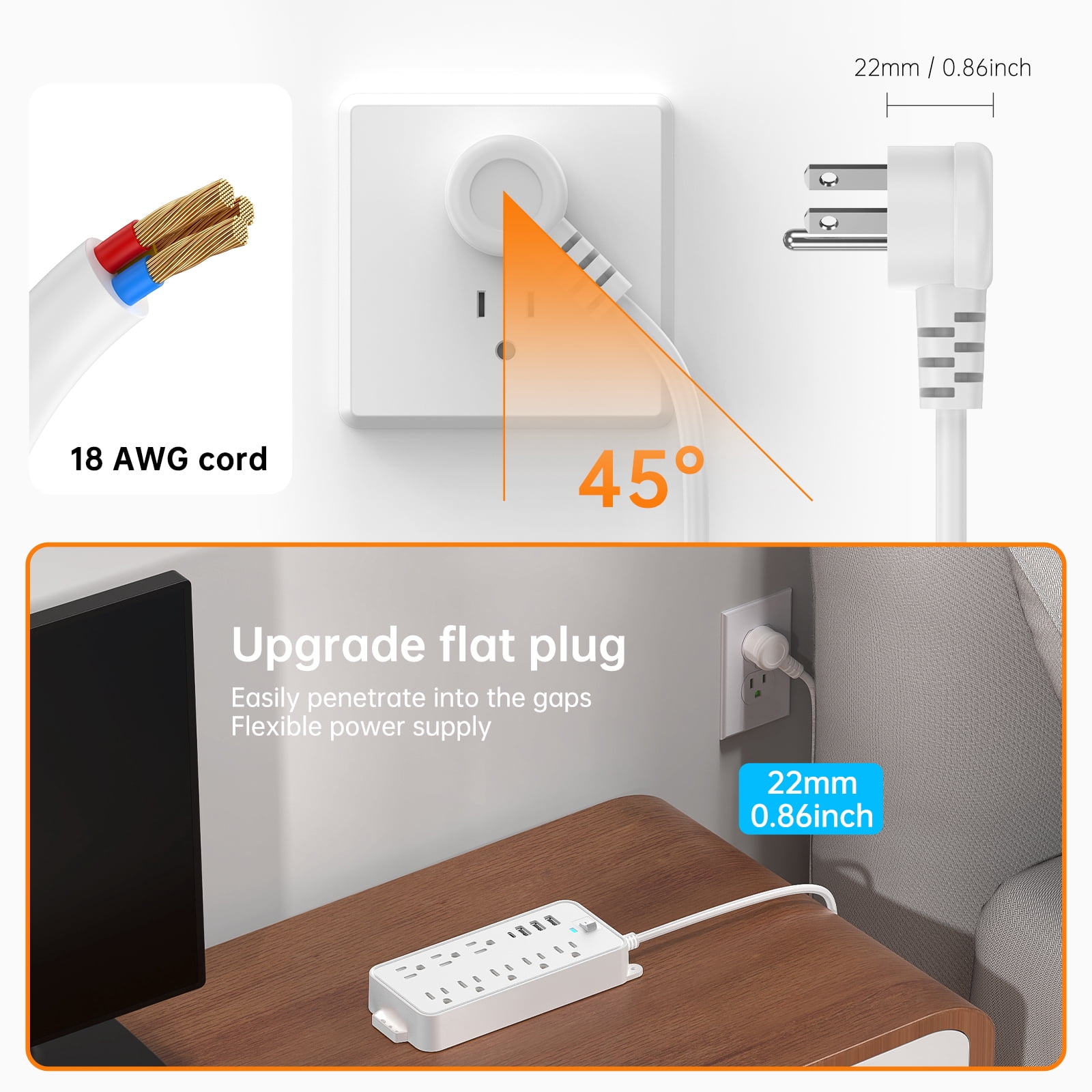 BEISHINK 12 - Socket Surge Protector Power Cord with 4 USB Ports - 4 - Foot Extension Cord, Plug and Computer - Safe White