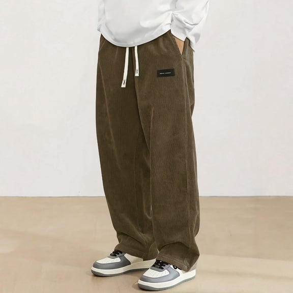Dwelliawo Mens Vintage Ribbed Corduroy Straight Cargo Pants Drawstring Elastic Waist Baggy Loose Casual Streetwear Trousers with Patch Pockets Brown XL