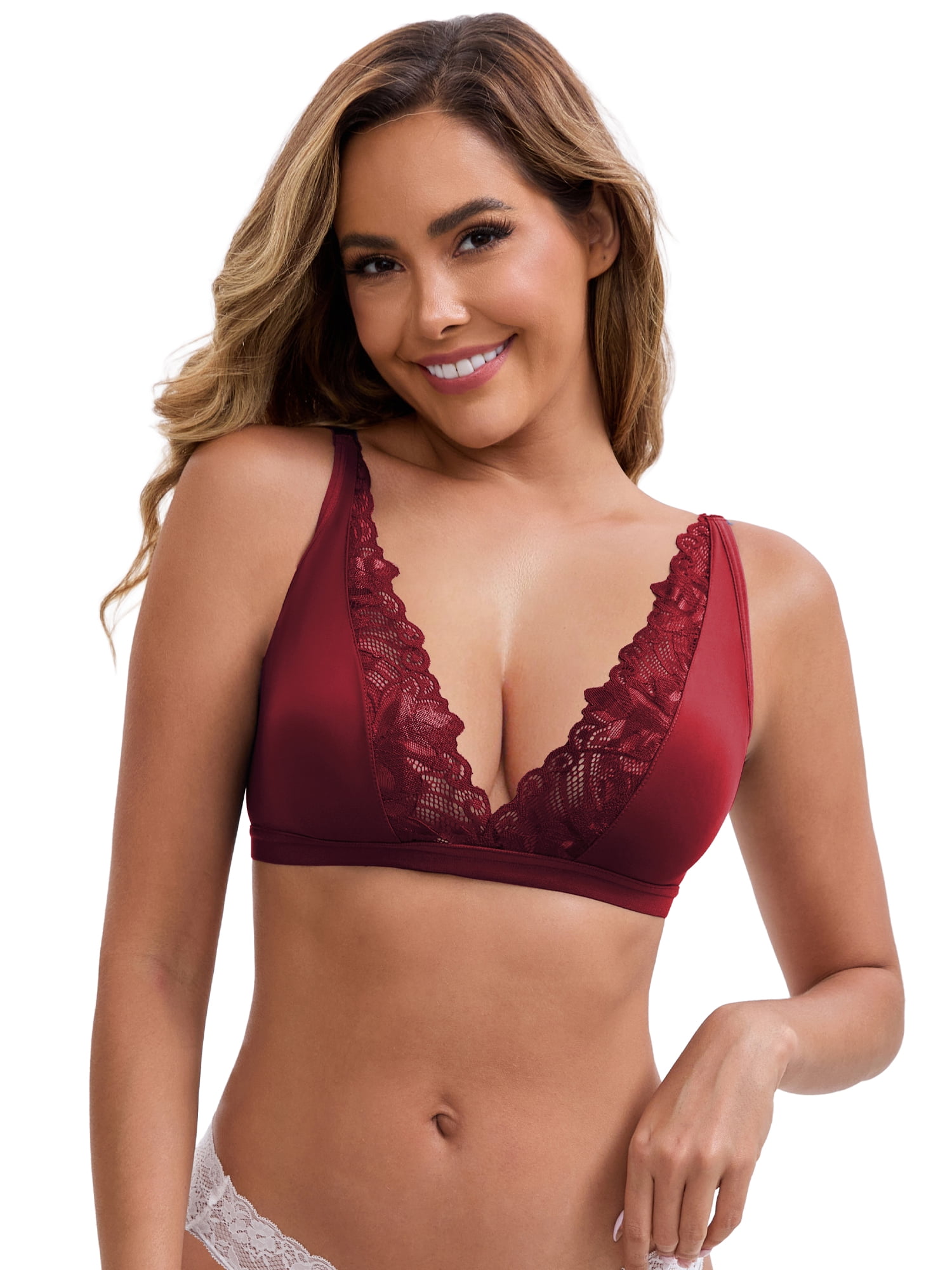 DARING DIVA Lace Bras Deep V Plunge Adjustable Straps Triangle Bralette L Wine Red
