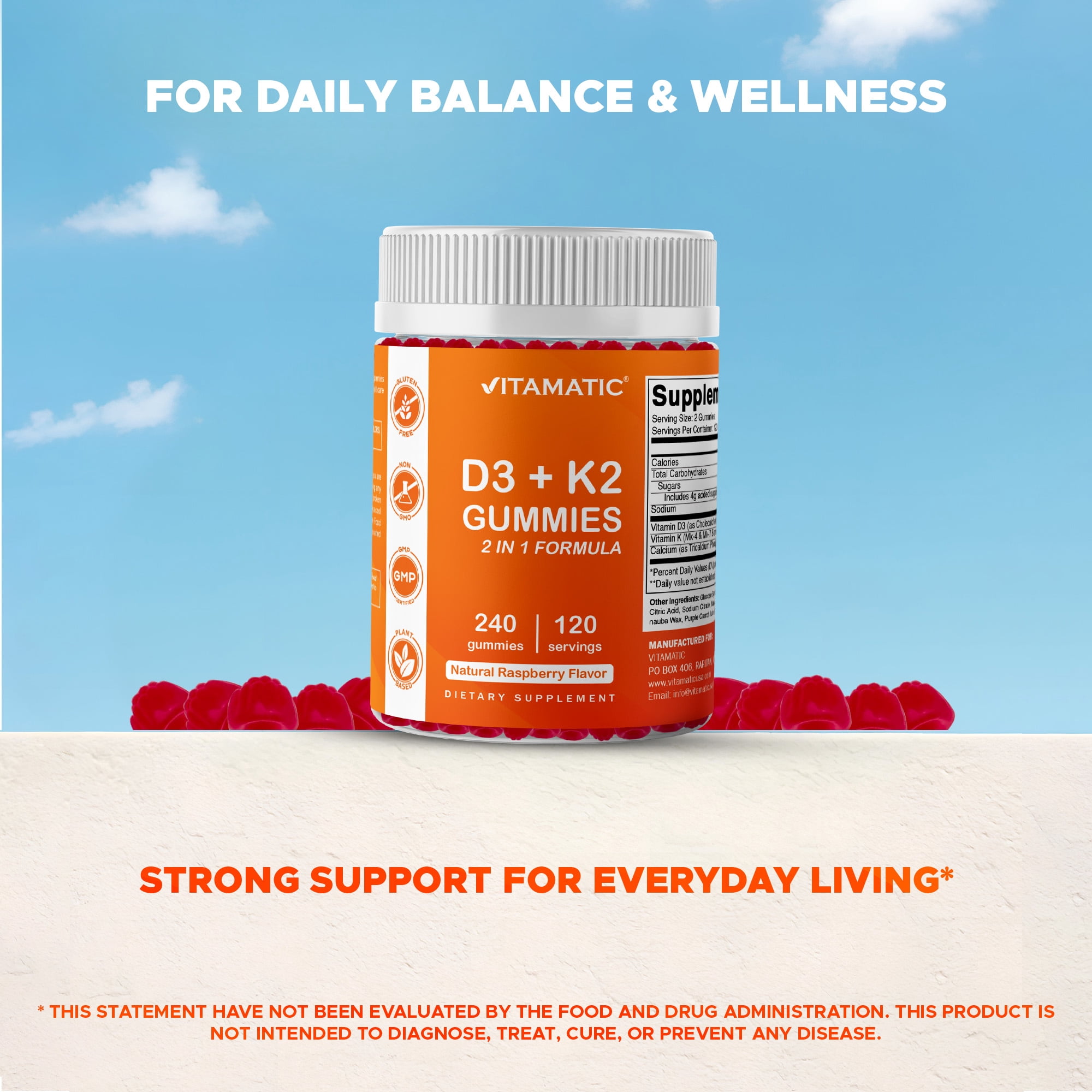 (2 pack) Vitamatic Vitamin D3 K2 with Calcium Gummies - 240 Count - Non-GMO, Gluten Free