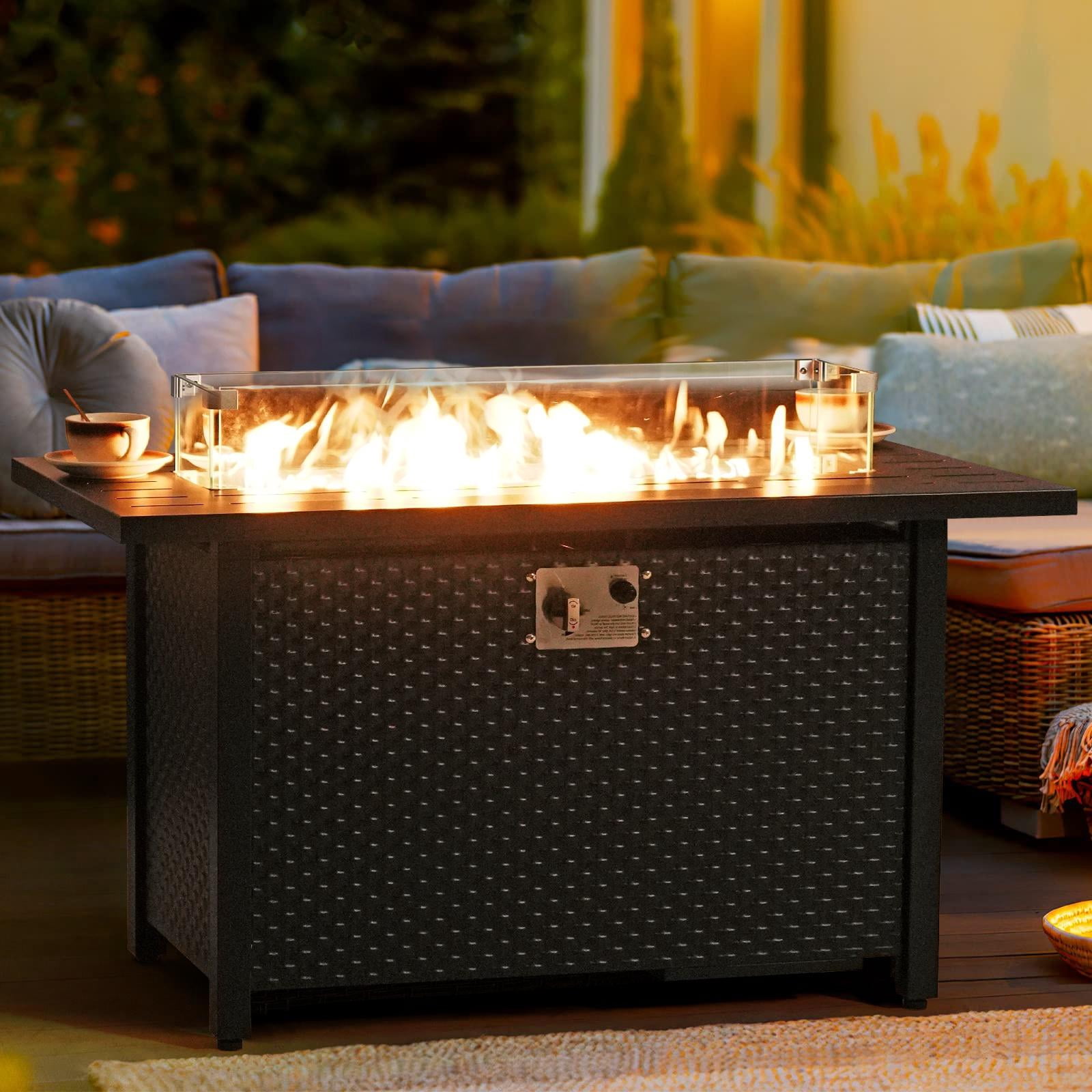 JOIVI 45” Propane Fire Pit, 50,000 BTU Gas Fire Pit Table with Glass Wind Guard and Waterproof Cover, Outdoor Heating Firepit Table for Patio, Yard, Balcony