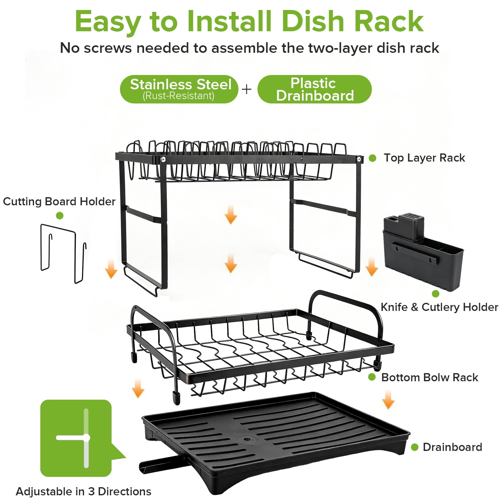 Yucurem 2-Tier Stainless Steel Dish Drying Rack with Auto Drainage, Kitchen Dish Drainer, with Utensil Cups Holder, Cutting Board Holder