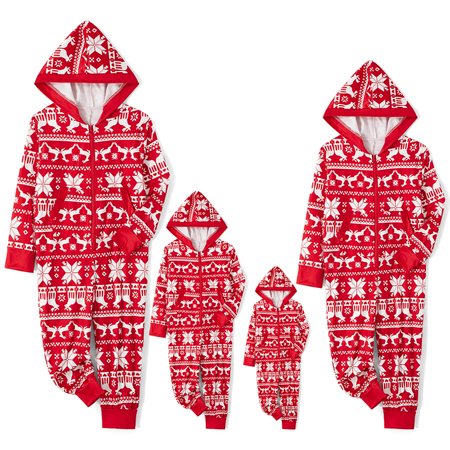 

Family Matching Christmas Pajamas Romper Snowflake Deer Print Hooded Long Sleeve Zipper-Up Jumpsuits Sleepwear