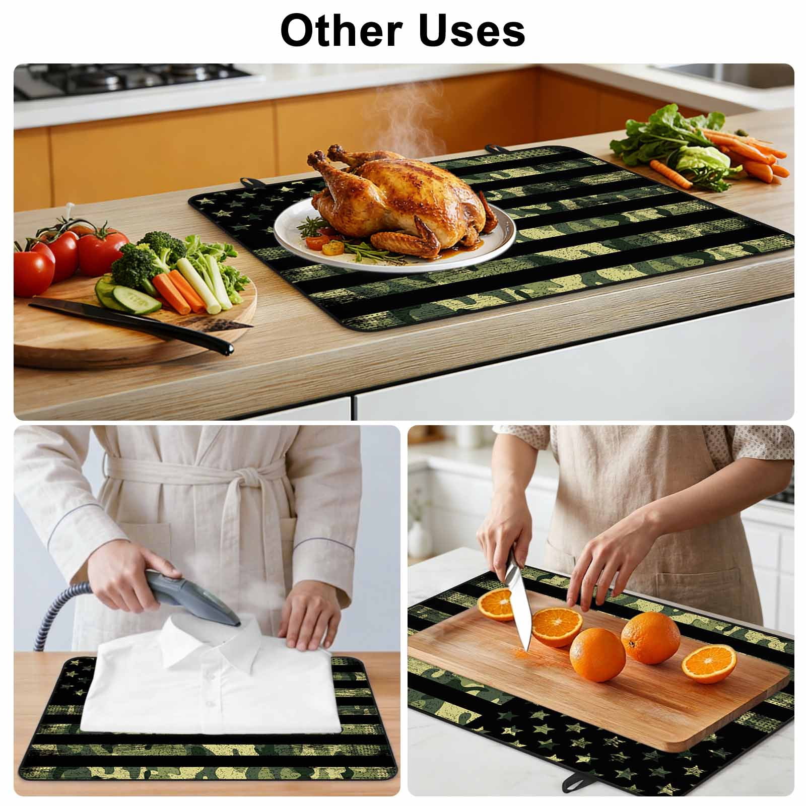 Green Camouflage American Flag Stove Top Cover for Electric Stove, Heat-proof & Non Slip Glass Top Stove Cover Protector, Wooden Grain Kitchen Flat Cooktop Rubber Mat 24x21 Inches