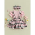 thumbnail image 4 of vera natura Baby Girls Summer Rib Knit Short Sleeve Rompers Plaid Suspender Skirts Headband 3Pcs Clothes Set, 4 of 9
