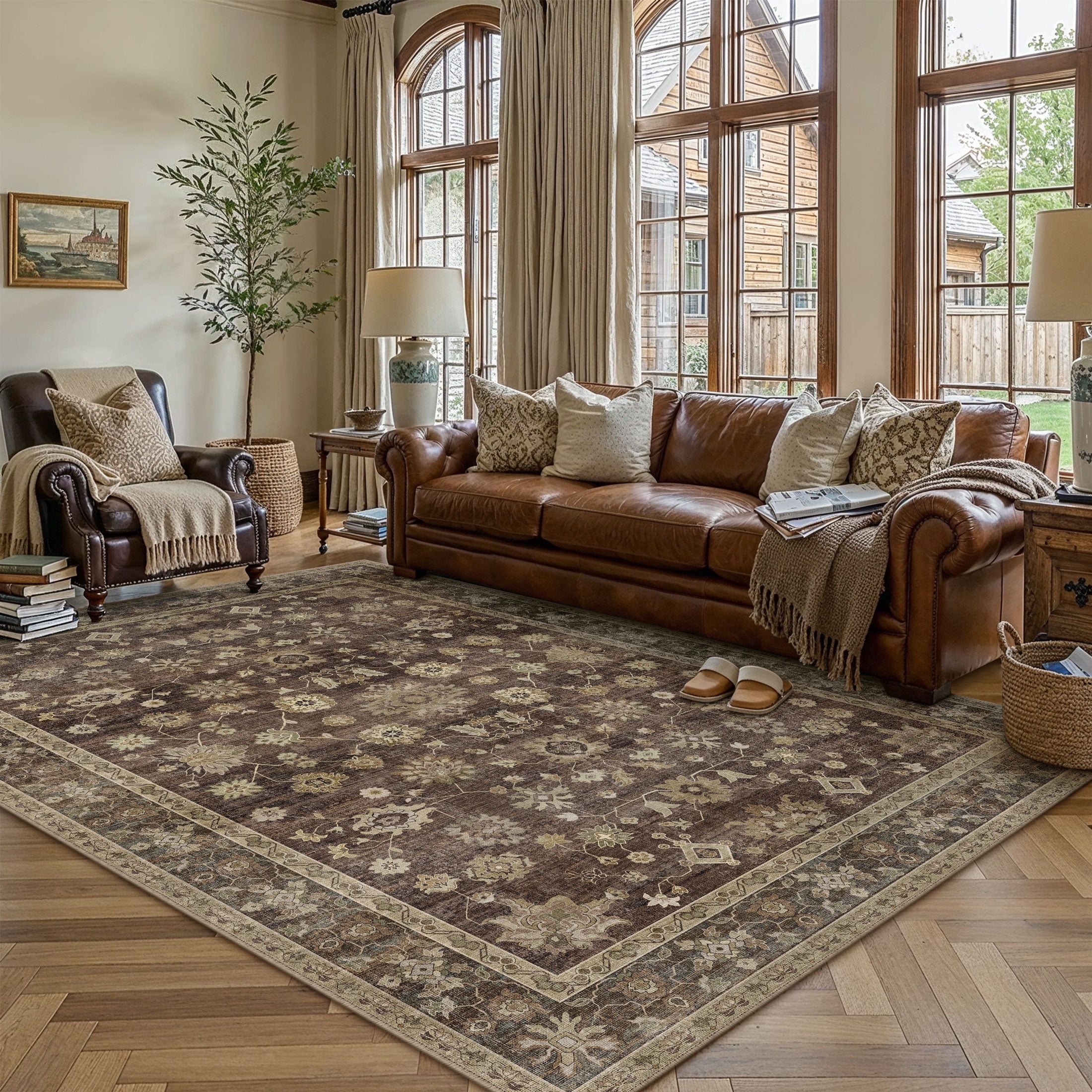 BERTHMEER 8'x10' Area Rugs for Living Room Large Vintage Brown Carpets for Bedroom Office Machine Washable Farmhouse Dining Room Oriental Rugs Non Slip Traditional Distressed Rugs