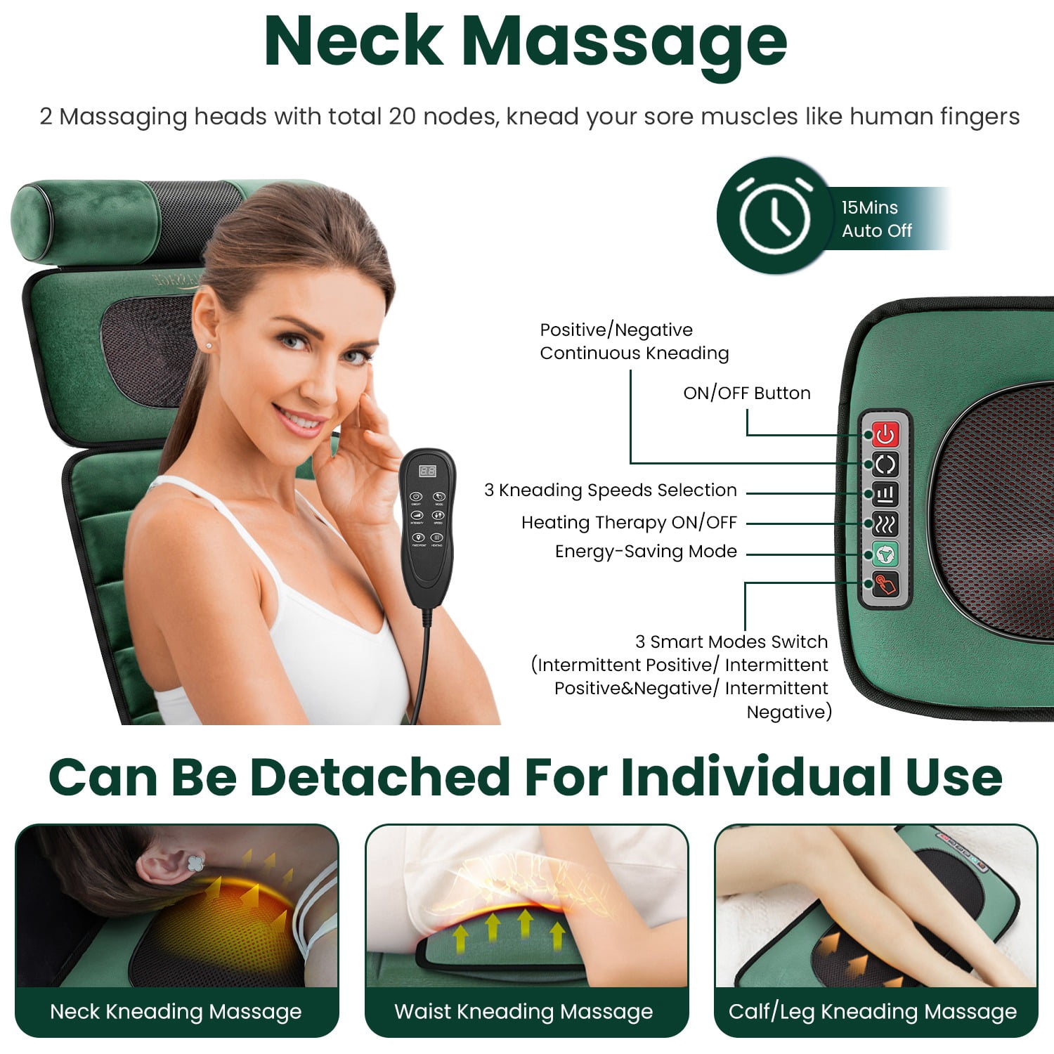 Full Body Electric Massage Mat with Detachable Neck & Foot Kneading Units, Inflatable Lumbar Pillow Heating Function 10 Vibration Points Multi Modes Timer Anti-Slip Base Foldable with Storage Bag