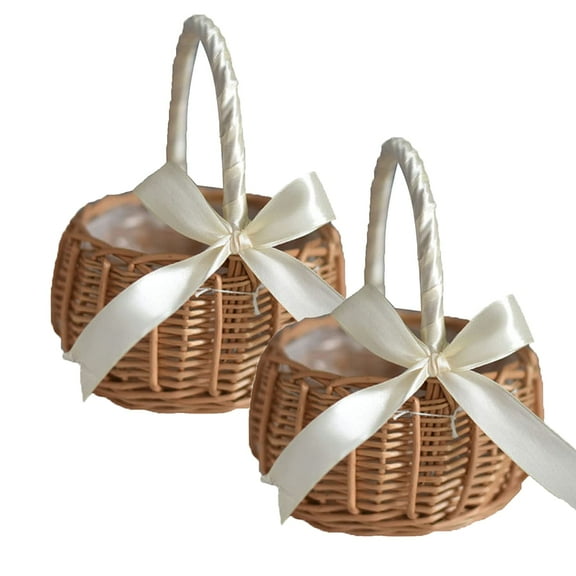 2PCS Wedding Flower Girl Basket Set,Wicker Rattan Flower Basket with Handle 5.9x7.5 in