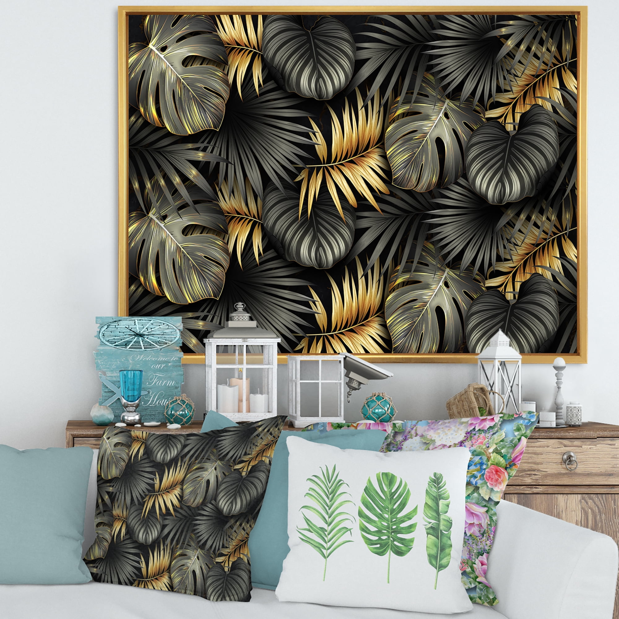 Designart 'Gold and Black Tropical Leaves II' Modern Framed Canvas Wall Art Print