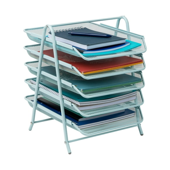Mind Reader 5-Tier Paper Tray, Desktop Organizer, File Storage, Office, Metal Mesh, 11.75" L x 14" W x 14.5" H, Blue