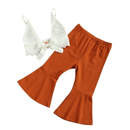 

Infant Little Girl Solid Color Crop Tops and Flared Long Pants 2-piece Suits