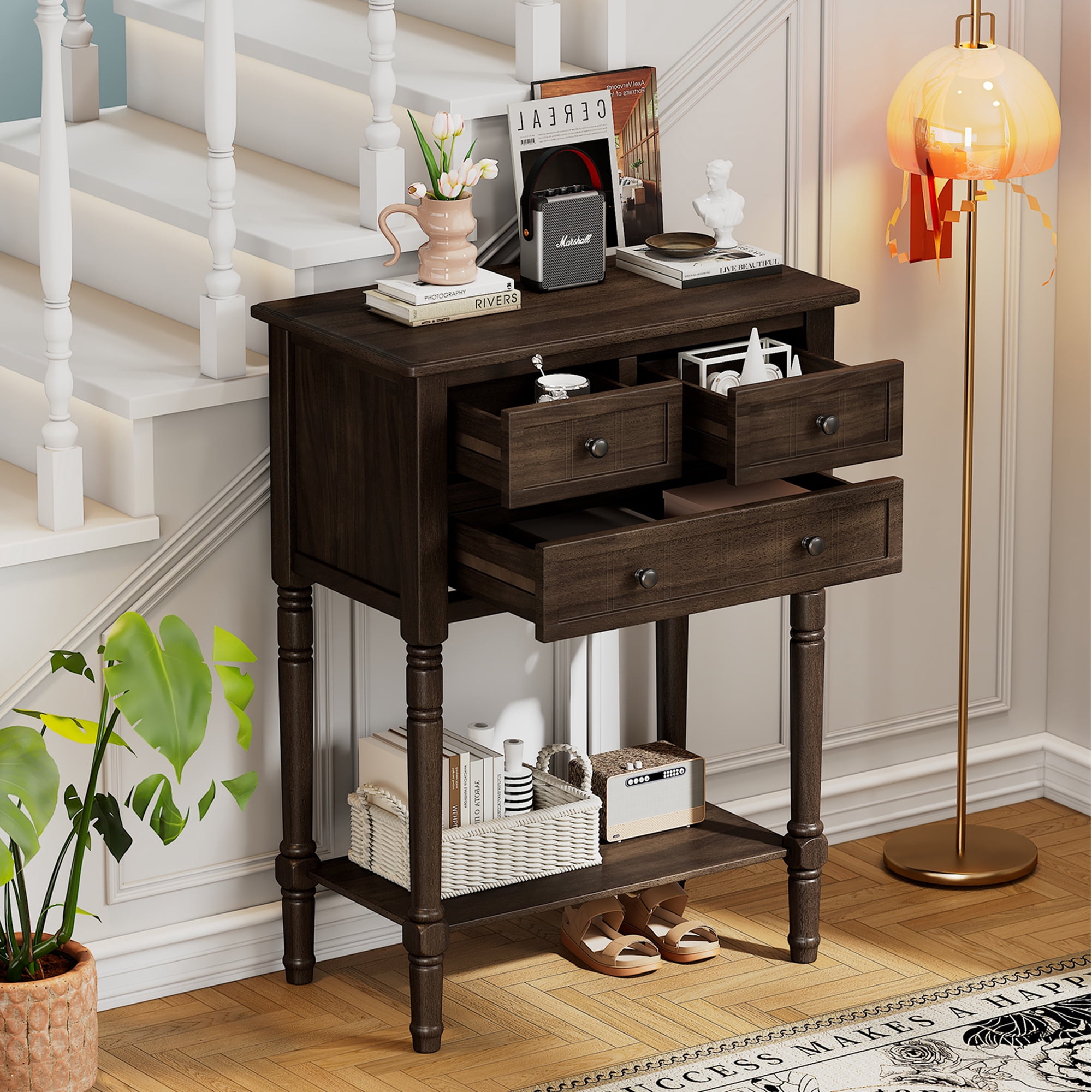 Euroco 23.7" Farmhouse Console Table with 3 Drawers, Narrow Sofa Table, Wood Entryway Table with Bottom Shelf for Living Room, Foyer,Brown