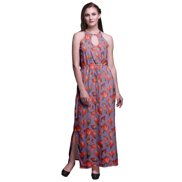 Bimba Robe Longue de Soirée à Col Rond Imprimée avec Fentes Latérales pour Femmes - TTG