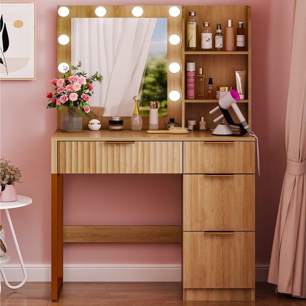 Alvantor 33.46 in Makeup Vanity Desk with Lighted Mirror, Power Strip, 4 Drawers and 2 Shelves, Oak