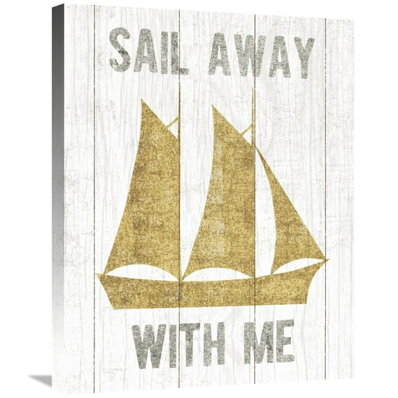 Global Gallery's 'Beachscape V Boat Quote Gold Neutral' By Michael Mullan Stretched Canvas Wall Art