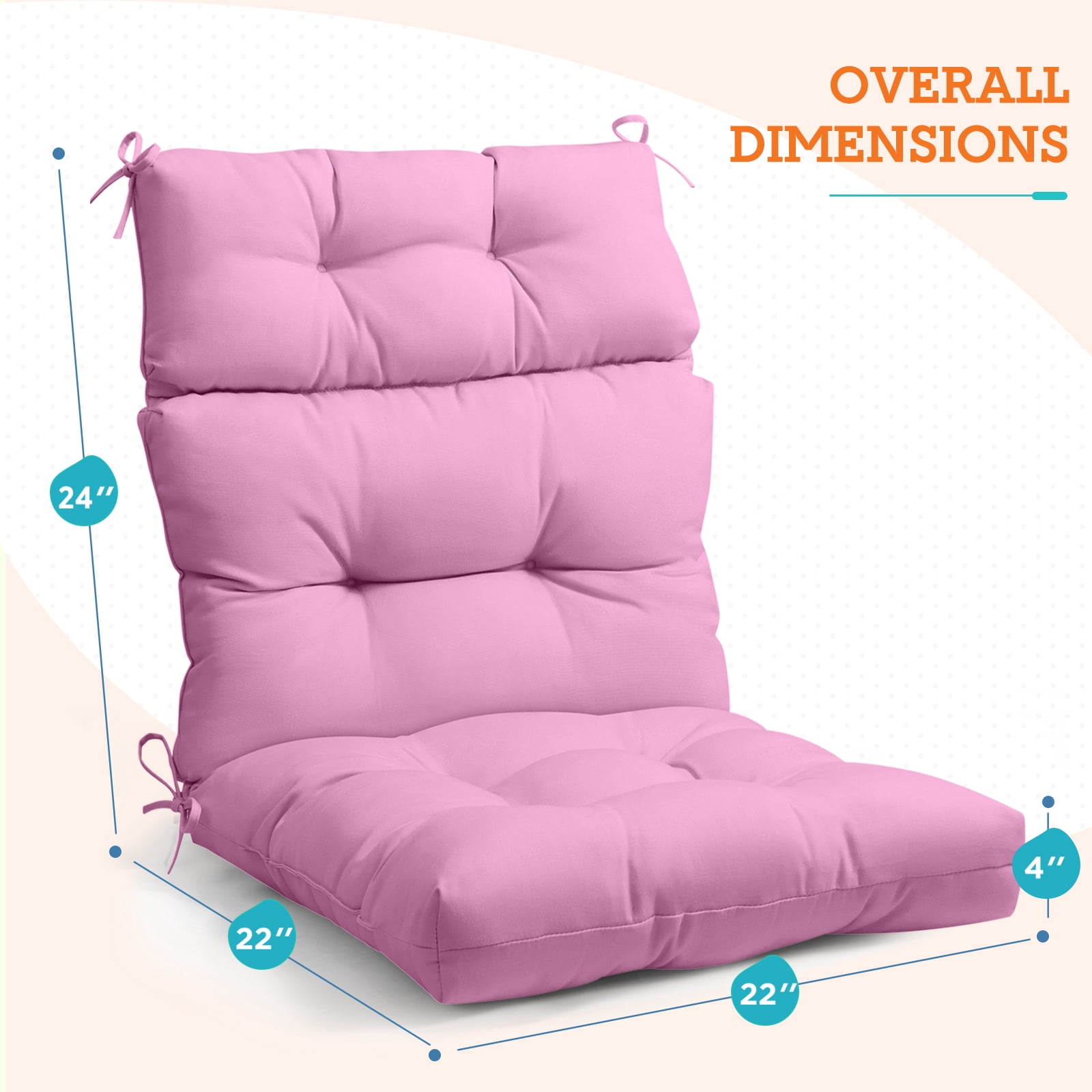 EAGLE PEAK Tufted Outdoor/Indoor High Back Patio Chair Cushion, Set of 2, 46'' x 22'', Pink