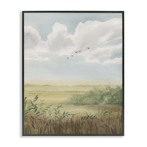 Stupell Industries Birds Flying over Countryside Landscape & Nature Painting Black Framed Art Print Wall Art, 11 x 14