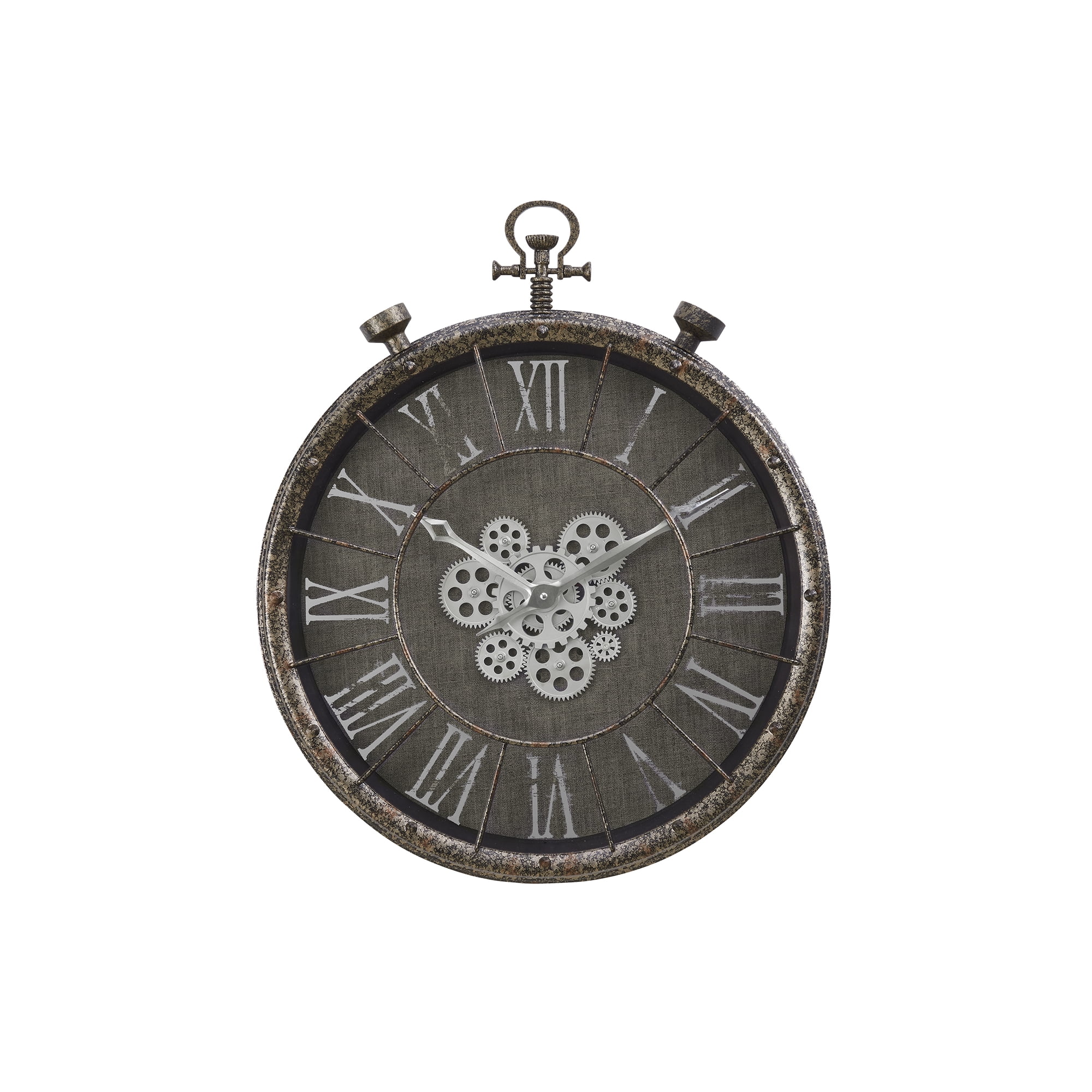 24 Large Vintage Industrial Wall Clock with Moving Gears, Steampunk Battery Operated Oversized Pocket Watch Design, Rustic Farmhouse Decor for Living Room, Office, Bar, Gray Bronze
