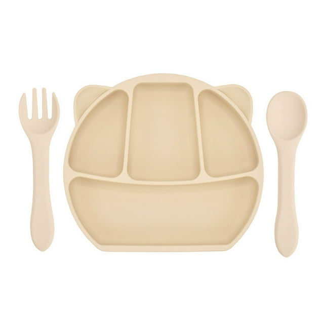 yeacher Portable Silicone Suction Plate Set for Kids with Spoon & Fork - Light Pink, Blue, Yellow, Grey & More Colors Available