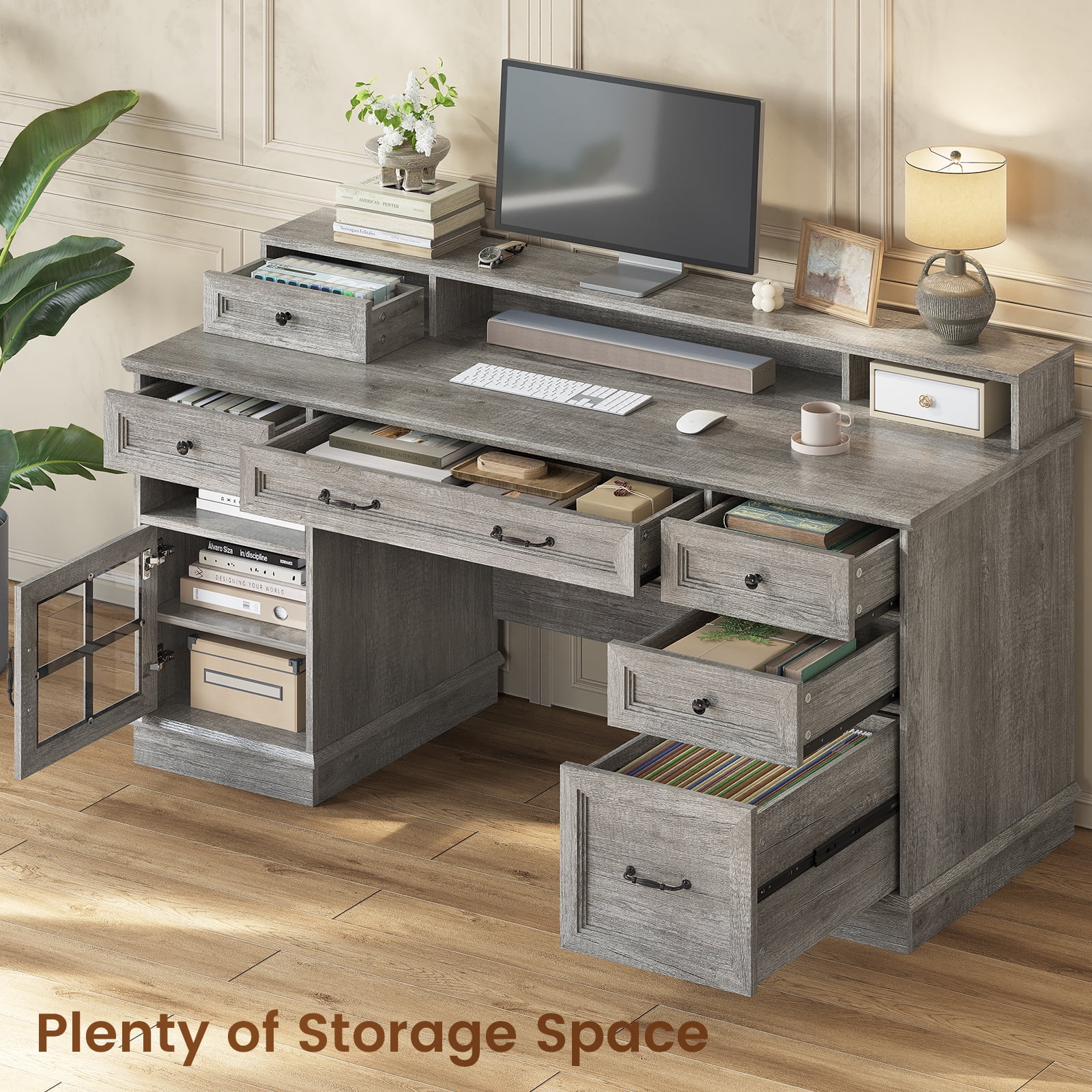 Toogaho Executive Desk with Drawers Computer Desk with File Drawers, Power Outlet and Led Lights,Farmhouse Office Desk with Storage Cabinet and Monitor Shelf for Home Office, Grey