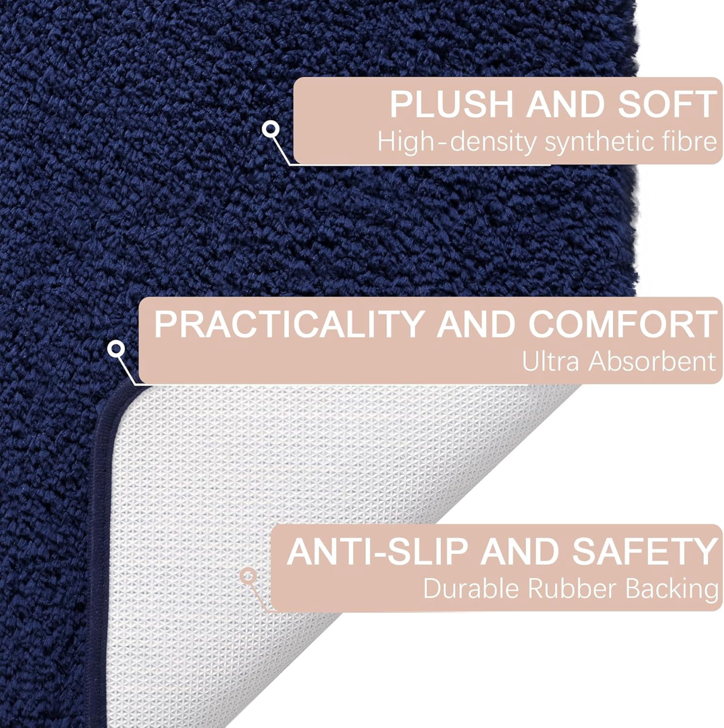 Softlife Absorbent Bathroom Rugs Microfiber Non Slip Bath Mat for Bathroom Soft Shaggy Rug,48"x24",Navy