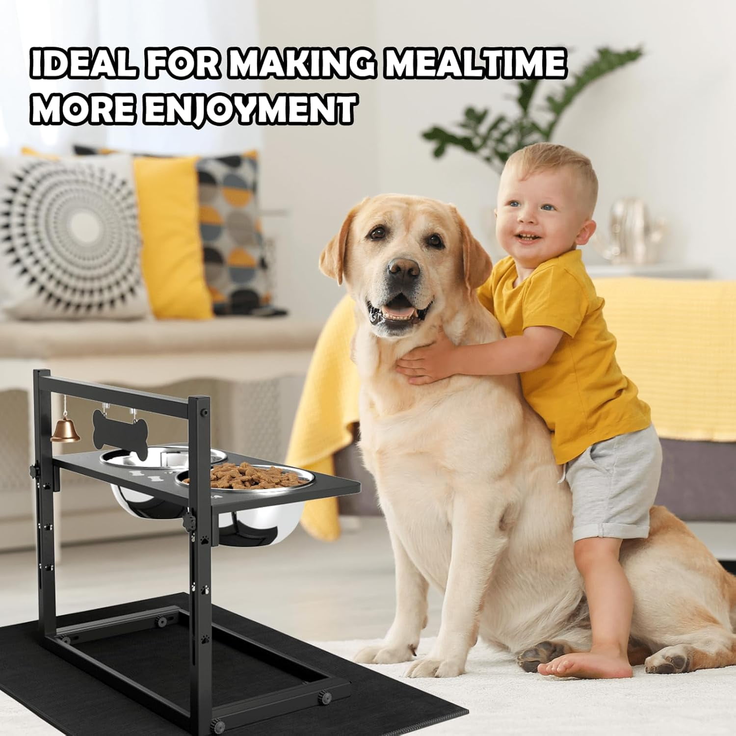 Elevated Dog Bowls with Slow Feeder and Spill Proof Mat, Adjustable Height 4.3-11.8'', Two 1.7L Stainless Steel Food & Water Bowls, Metal Raised Dog Bowl Stand, for Large Medium Breeds