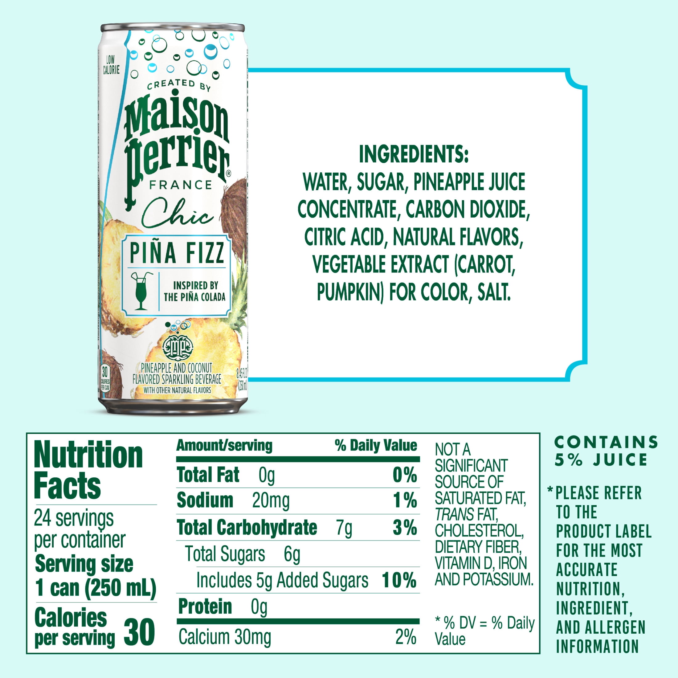 Maison Perrier Chic Mocktails, Pina Fizz Pineapple and Coconut Inspired Non-Alcoholic Cocktail Mixers, 24 Pack