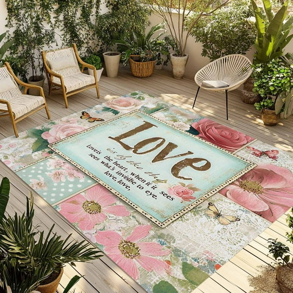 Fsddascl Vintage Pink Spring Floral Outdoor Rug for Patio/Deck/Porch, Non-Slip Large Area Rug 5 x 8 Ft, Retro Summer Botanical Flower Indoor Outdoor Rugs Washable Area Rugs, Camping Rug Carpet