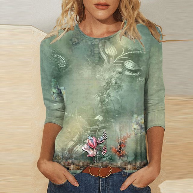 Hauts Grande Taille pour Femmes Mode T-shirt Imprimé Ample Manches 3/4 Blouse Col Rond Hauts Décontractés pour Femmes en Liquidation
