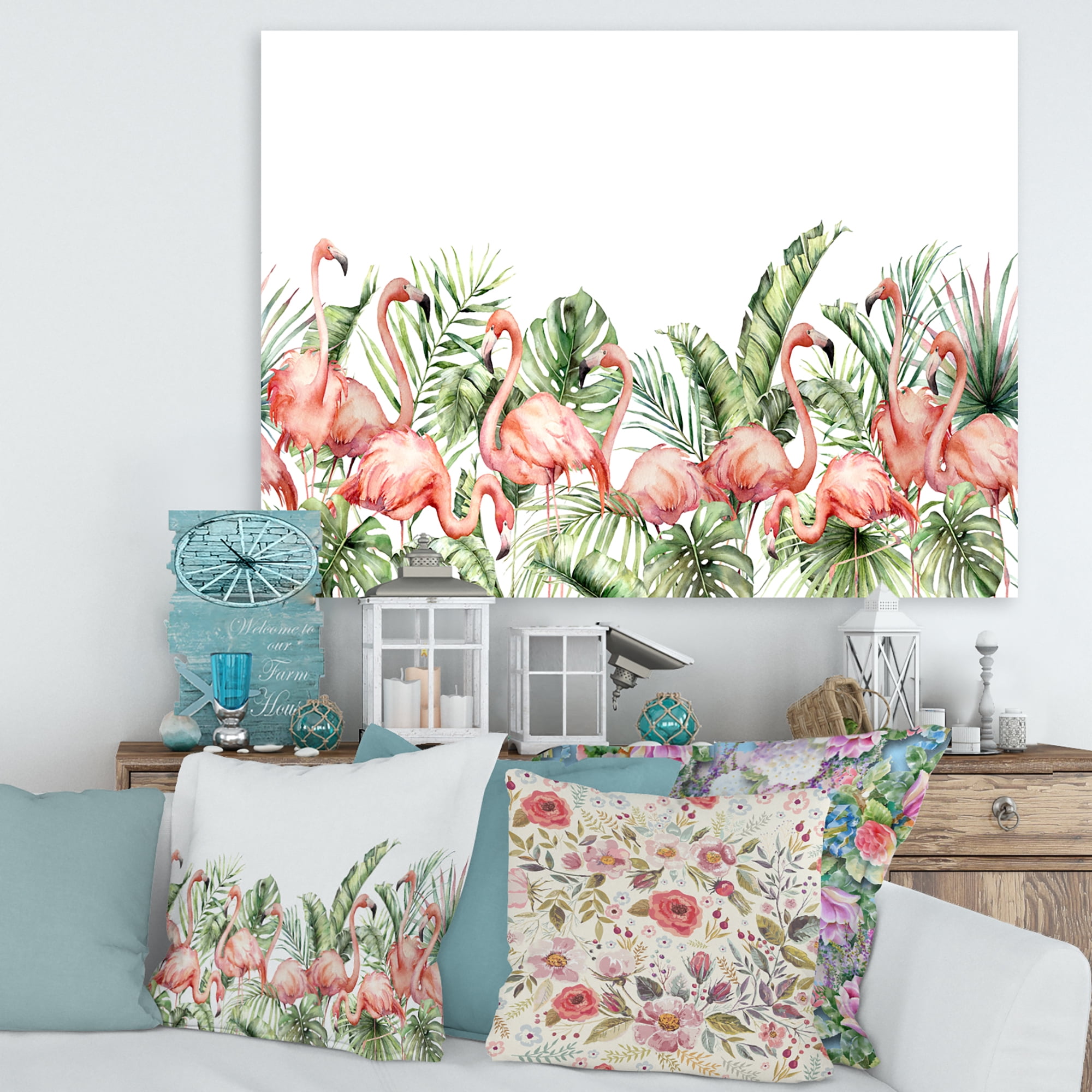 Designart ' Palm Leaves and Pink Flamingos Tropical Birds ' Traditional Canvas Wall Art Print