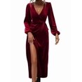 thumbnail image 2 of Robe en Velours à Manches Longues pour Femmes Col en V Vacances Cocktail Fête Semi-Formelle Midi Robes Rouge Vin m, 2 of 9