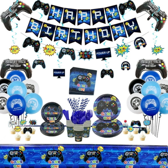 Video Game Party Supplies, Gaming Themed Birthday Party Decor for Boys and Gamer - Including Plates, Cups, Napkins, Tableware, Tablecloth, Cake Toppers, Hanging Swirls, Banners and Balloons Serves 20