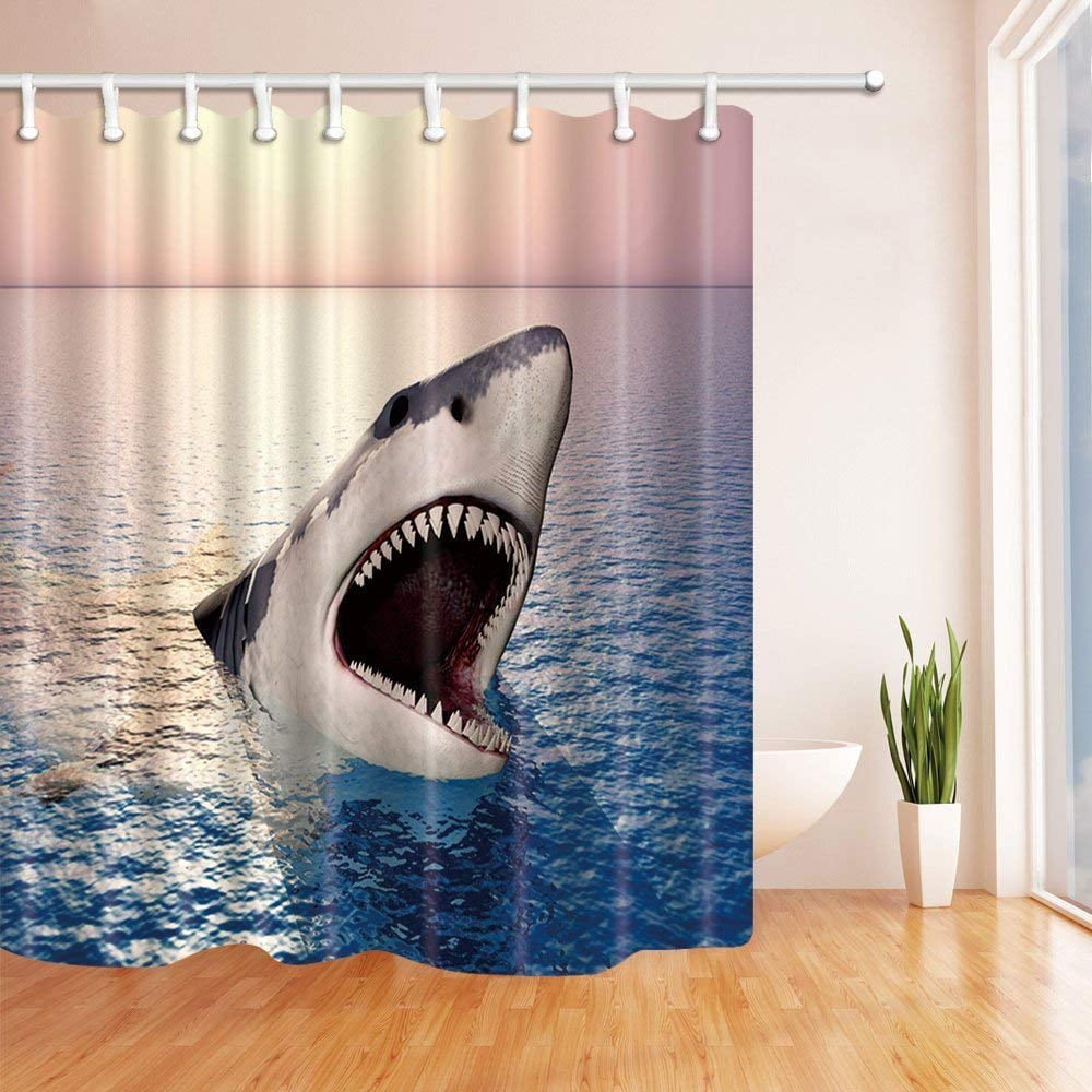 Shark Opens Large Mouth In Ocean Bathroom Fabric Shower Curtain Set 71Inches 