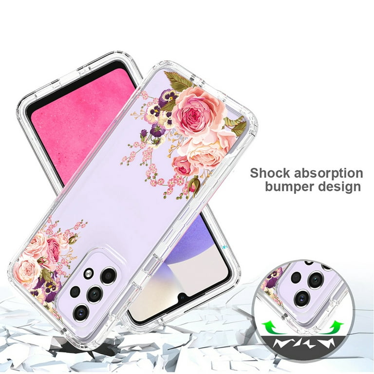 for Samsung A33 5G Case, Lovely Floral Pattern Women Girls Clear Design  Transparent Plastic Hard Back Case with TPU Bumper Protective Case Cover  for Samsung Galaxy A33 5G 6.4 inch,#2 Flower 