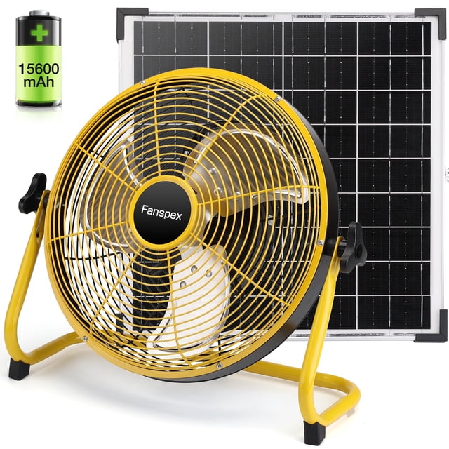 Fanspex Ventilador de piso solar recargable de 12" y 14" para exteriores, ventilador con batería de 15600 mAh con panel solar de 20 W alimentado para patio, cenador, camping, inclinación de 360° (fluj
