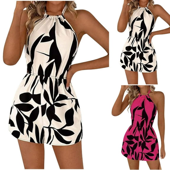 QATAINLAV Womens Rompers for Summer Casual Sleeveless Backless Halter Tops Onesie Shorts Fashion Leaf Printed High Waist Short Jumpsuits Vacation Outfits Beige S Back to College Sales